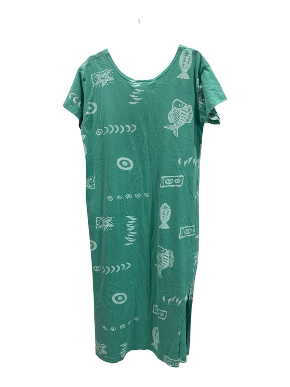 90s Style In Gear Coastal Fish Print T-Shirt Dress Swim Cover-Up Green Large